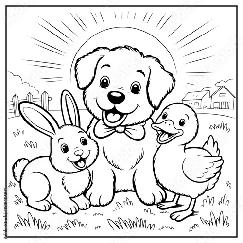 Coloring Page Outline Of a Family of Rabbits and duck