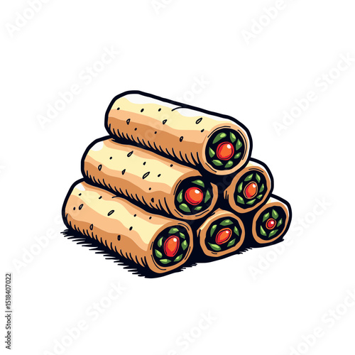 Cartoon vector of crispy fried spring rolls with visible vegetable filling. Concept of Asian appetizer and deep fried snack - greasy but popular - street food. Ideal for menus