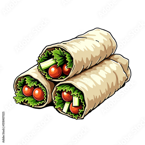 Colorful vector illustration of fresh vegetable spring rolls with greens and tomatoes. Concept of healthy Asian snack and vegetarian food - clean meal - natural dish. Perfect for wellness menus