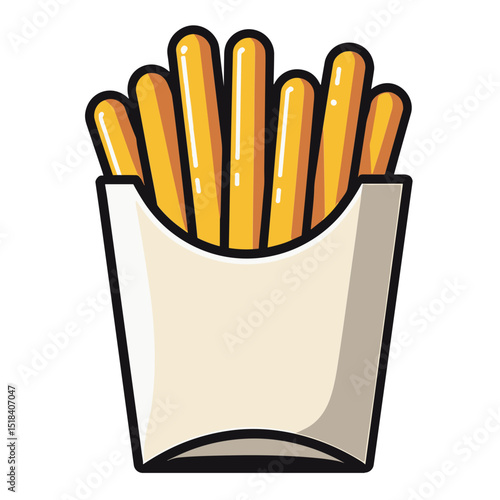 Cartoon vector illustration of classic french fries in carton box. Concept of greasy fast food and junk snack - popular side dish - unhealthy eating. Ideal for food delivery apps  menus  branding