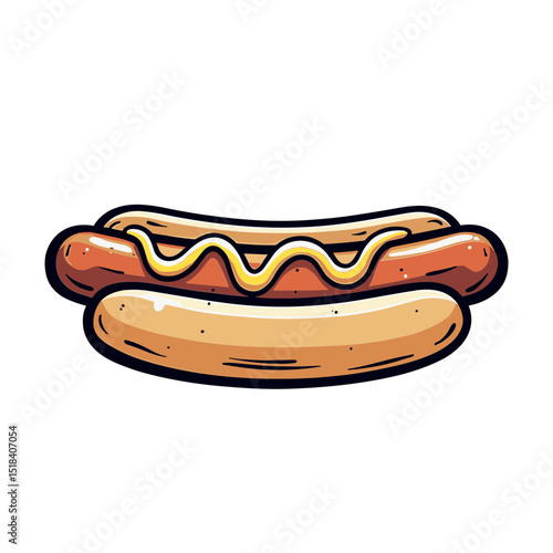Vector cartoon of hot dog with bun  sausage and mustard topping. Concept of fast food and junk meal - processed meat - American cuisine. Ideal for menus  branding  takeout packaging