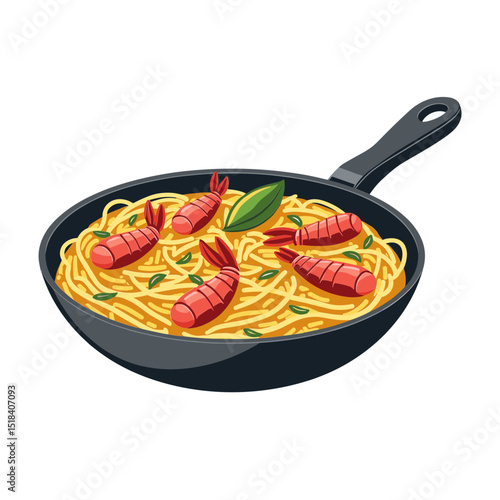 Color vector illustration of seafood pasta with shrimp in a black pan. Concept of Mediterranean cuisine and gourmet food - protein rich - flavorful seafood dish. Great for restaurant branding