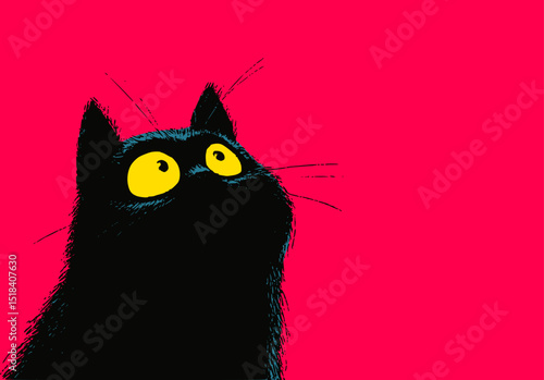 Curious black cat with staring eyes on vibrant colorful background in pop art style