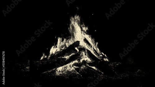 Burning campfire on black background in retro vintage dotwork style. Bonfire with logs in flame for hiking and camping