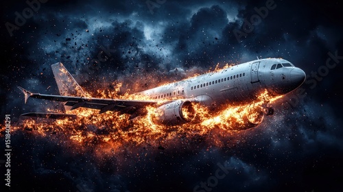Airplane engulfed in flames, amidst stormy sky