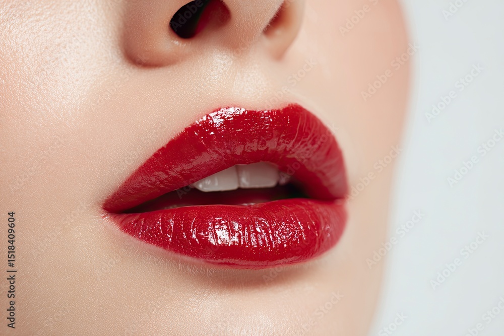 Fototapeta premium Closeup of a womans face featuring glossy red lipstick on slightly parted lips showcasing subtle teeth The skin has a fair complexion