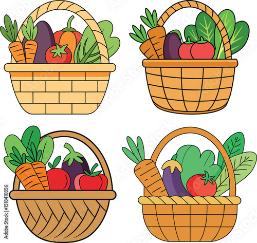 Hand Drawn Vegetable Baskets Collection, Farm Fresh Food Clipart. Colorful Organic Veggie Baskets, Healthy Produce Illustration. Garden Harvest in Wicker Baskets, Cute Cartoon Vegetables.
