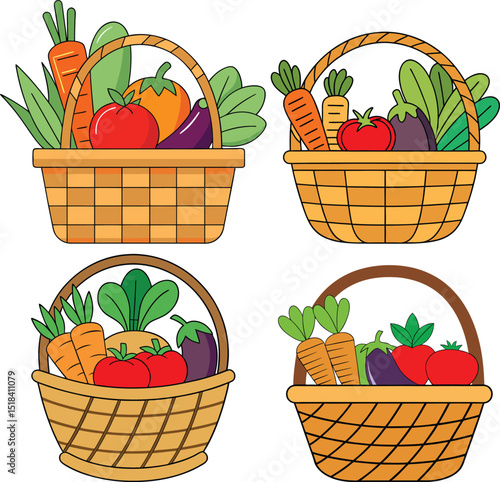Hand Drawn Vegetable Baskets Collection, Farm Fresh Food Clipart. Colorful Organic Veggie Baskets, Healthy Produce Illustration. Garden Harvest in Wicker Baskets, Cute Cartoon Vegetables.