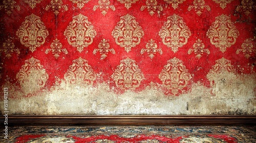 Antique wall with damaged wallpaper and old floor
