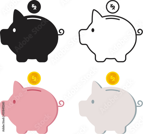 vector icons of pig bank and coins, save money in piggy bank. flat illustration of abstact pig symbol. illustration of money falling into piggybank