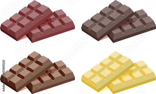 vector set of dark chocolate, milk chocolate and white chocolate bars isolated on white background. candy bar design. eps10 illustration