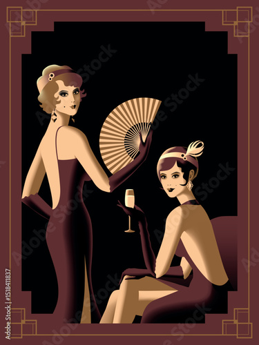 2 Women at a party in the style of the early 20th century. Retro party invitation card. Handmade drawing vector illustration. Art Deco style.