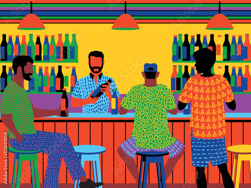 Group of visitors of different nationalities and cultures at meeting and party in front of bar counter with bar stools and bartender and shelves with drinks in the background. Contemporary art vector.