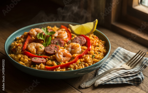 a vibrant bowl of jambalaya presented on a rustic wooden table