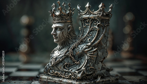 Damaged King: Metallic Chess Monarch in Dark Fantasy Style
