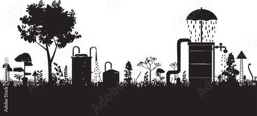 Silhouette illustration of plants and trees being watered with showers and irrigation system in garden