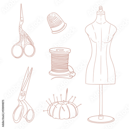 A set of minimalist linear sewing illustrations, hand-drawn in ink. Original sewing lineart drawings featuring needles, threads, and a sewing mannequin for cards, posters, and graphic design.