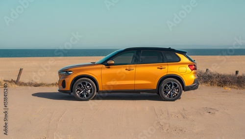 Modern orange suv parked on sandy beach coastal scene with blue ocean background