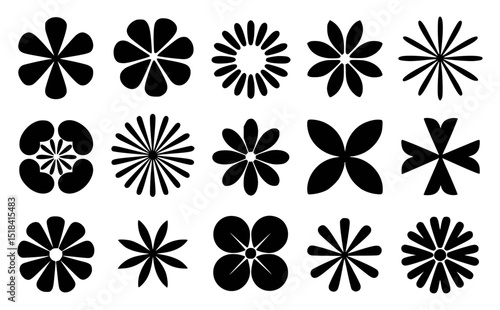 Set of black and white flower shapes elements
