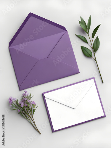 Purple envelopes, a white card, green leaves, and purple flowers on a white surface