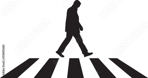 Silhouette of a man walking across a zebra pedestrian crosswalk on a white background