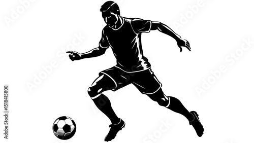Black silhouette soccer player dribbling ball, football athlete action pose vector SVG for sports logo, poster, t-shirt design