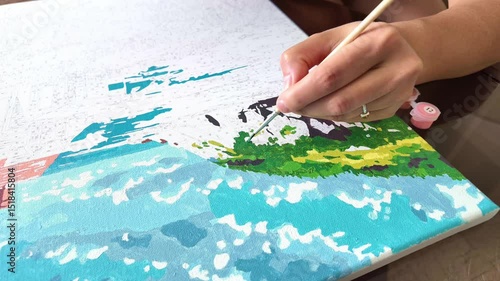 Handpainting scenic landscape canvas. Painting by numbers. Timelapse.