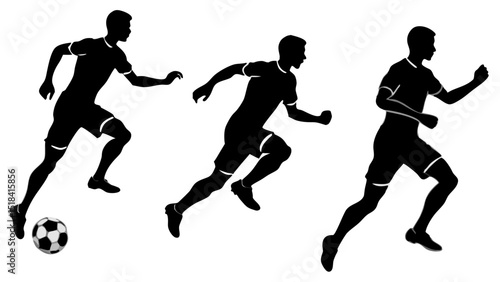 Three determined soccer players sprint towards victory in a high stakes match stylized black