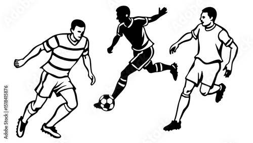 A fierce soccer match with players in action dribbling and racing for the goal in intense black and