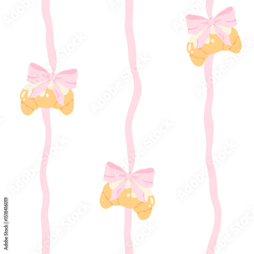 Flirty croissant with bow hanging on vertical stitches seamless vector pattern. Cute cartoon pastry with trendy decoration. for kids clothing, nursery wallpaper, textiles in sweet pastel style.