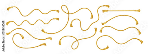 Vector Illustration Background Featuring Realistic Gold Ropes in Various Twisted and Curled Arrangements, Depicting Decorative and Ornamental Rope Shapes, Isolated on a White Background