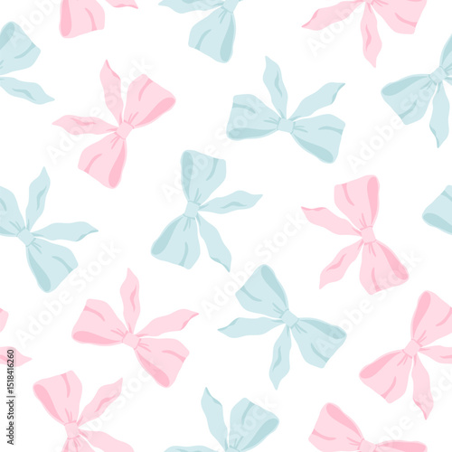 Seamless vector pattern with pink and blue flirty bows on white background. Perfect for textile, wrapping paper, fashion design, nursery goods, packaging, and girly stationery.