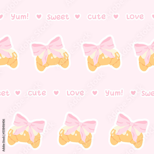 Flirty croissant with pink bow seamless vector pattern. Cute cartoon blush pastry with trendy decoration. Perfect for kids clothing, nursery wallpaper, stationery and textiles in sweet pastel style.