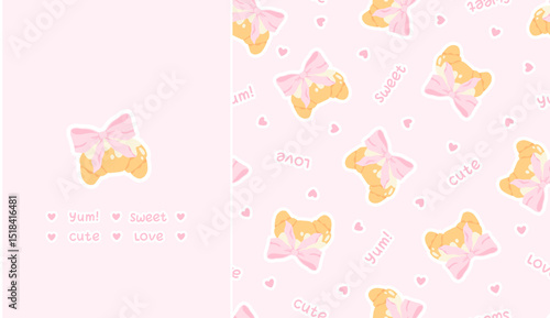 Flirty croissant with pink bow seamless vector pattern. Cute cartoon blush pastry with trendy decoration. Perfect for kids clothing, nursery wallpaper, stationery and textiles in sweet pastel style.