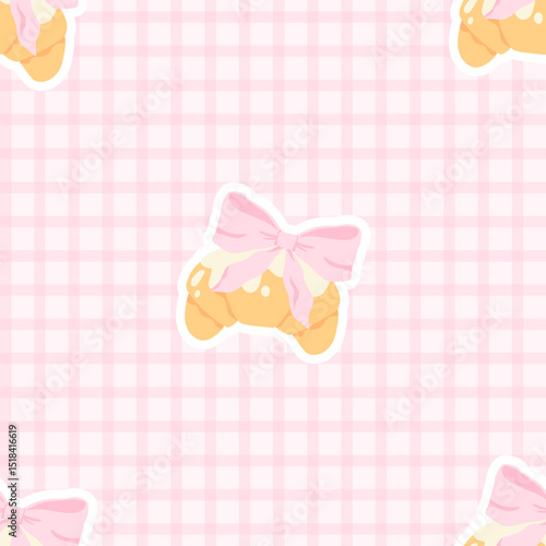 Seamless vector pattern featuring flirty croissants with bows on a pink gingham background. Perfect for girly stationery, textiles, nursery decor, and cute scrapbooking designs.