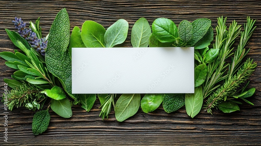 Fototapeta premium Assorted green herbs with a blank white paper