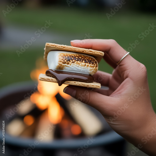 A photograph of a hand gently holding a perfectly toasted s'more