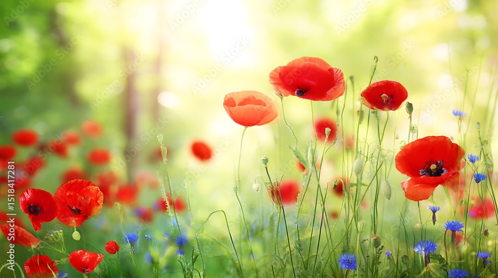 Fototapeta premium Poppies and cornflowers bathed in sunlight