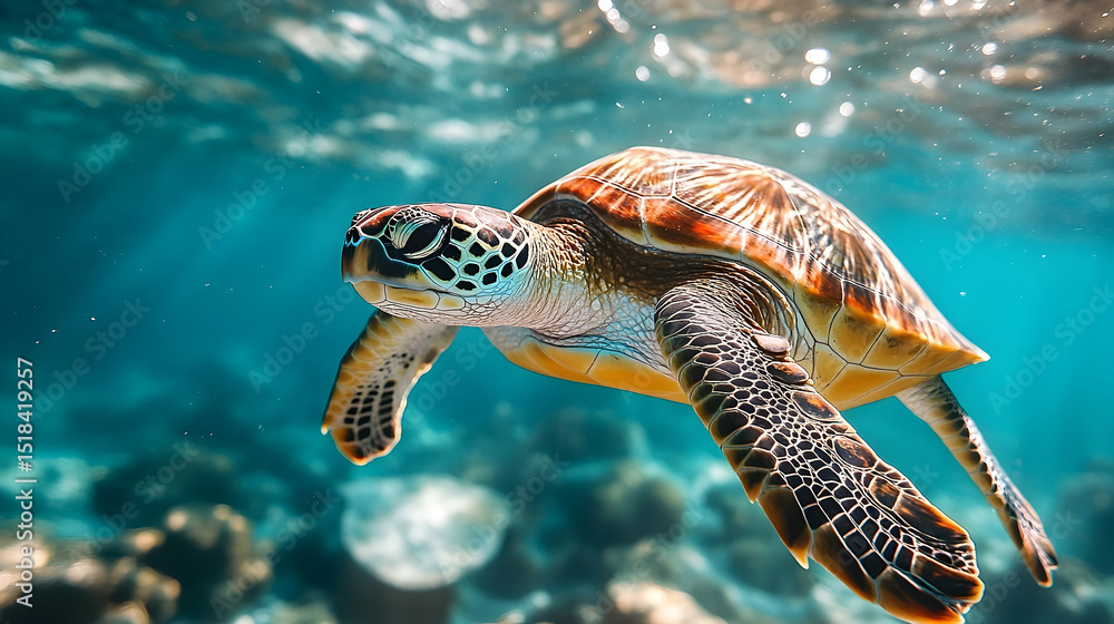 Fototapeta premium Sea turtle swimming in the turquoise ocean.