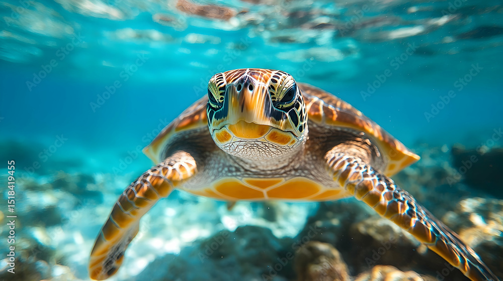 Fototapeta premium Close-up of a sea turtle swimming underwater.