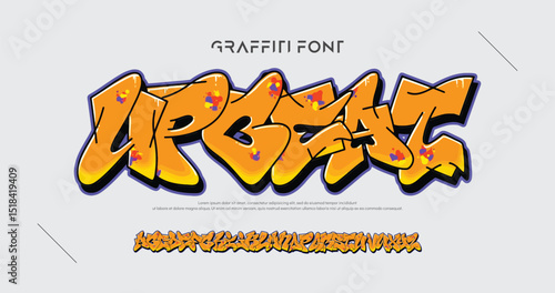 Upbeat, Old school Graffiti alphabet decorative lettering vandal street art free wild style on the wall city urban illegal action by using spray paint. Underground hip hop type vector illustration.
