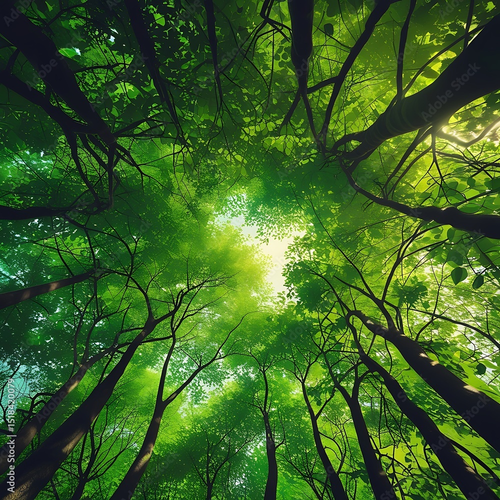 Obraz premium View looking up into a lush green forest canopy, showcasing vibrant leaves and sunlight
