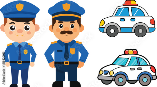 set of funny cartoon policeman and car