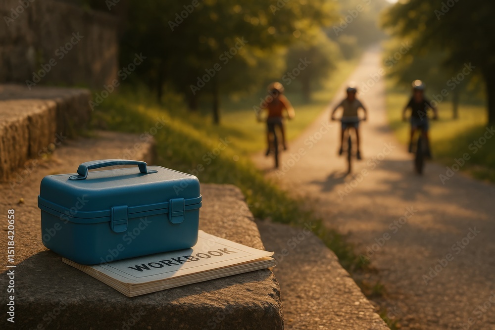 Fototapeta premium Forgotten lunchbox left on a stone step as children ride bikes down a shaded path
