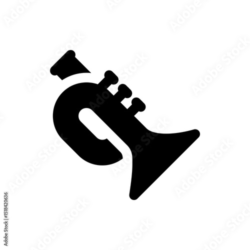 Illustration of a black silhouette of a trumpet with three valves angled to the left on a white background