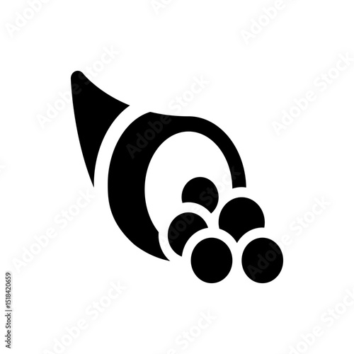 Illustration of a horn of plenty with a cascade of spherical objects in black and white design style