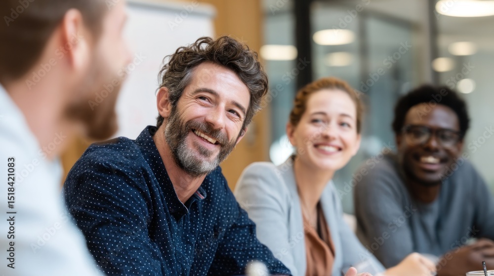 A group of diverse colleagues smiling during a meeting with a man in focus with a beard and curly hair A group of diverse colleagues smiling during a meeting with a man in focus with a beard and curly hair