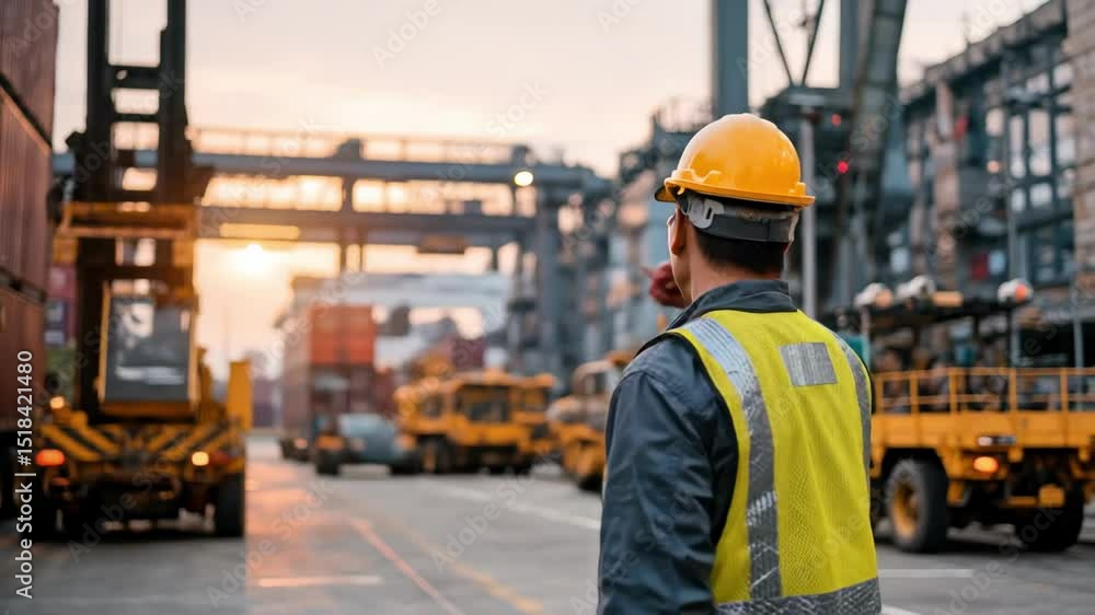 Male worker directing cargo operation at sunset in busy industrial port Male worker directing cargo operation at sunset in busy industrial port