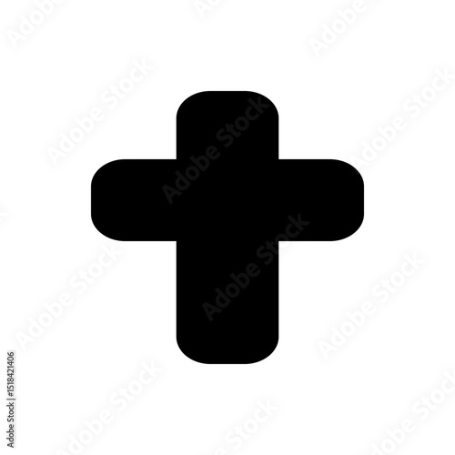 Black plus sign with rounded edges against a white background in a simple and minimalist design style