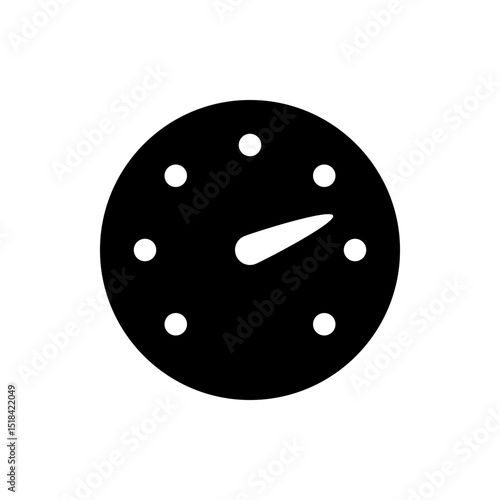 Illustration of a black clock face with white dots and a white hand indicating a time around seven o clock